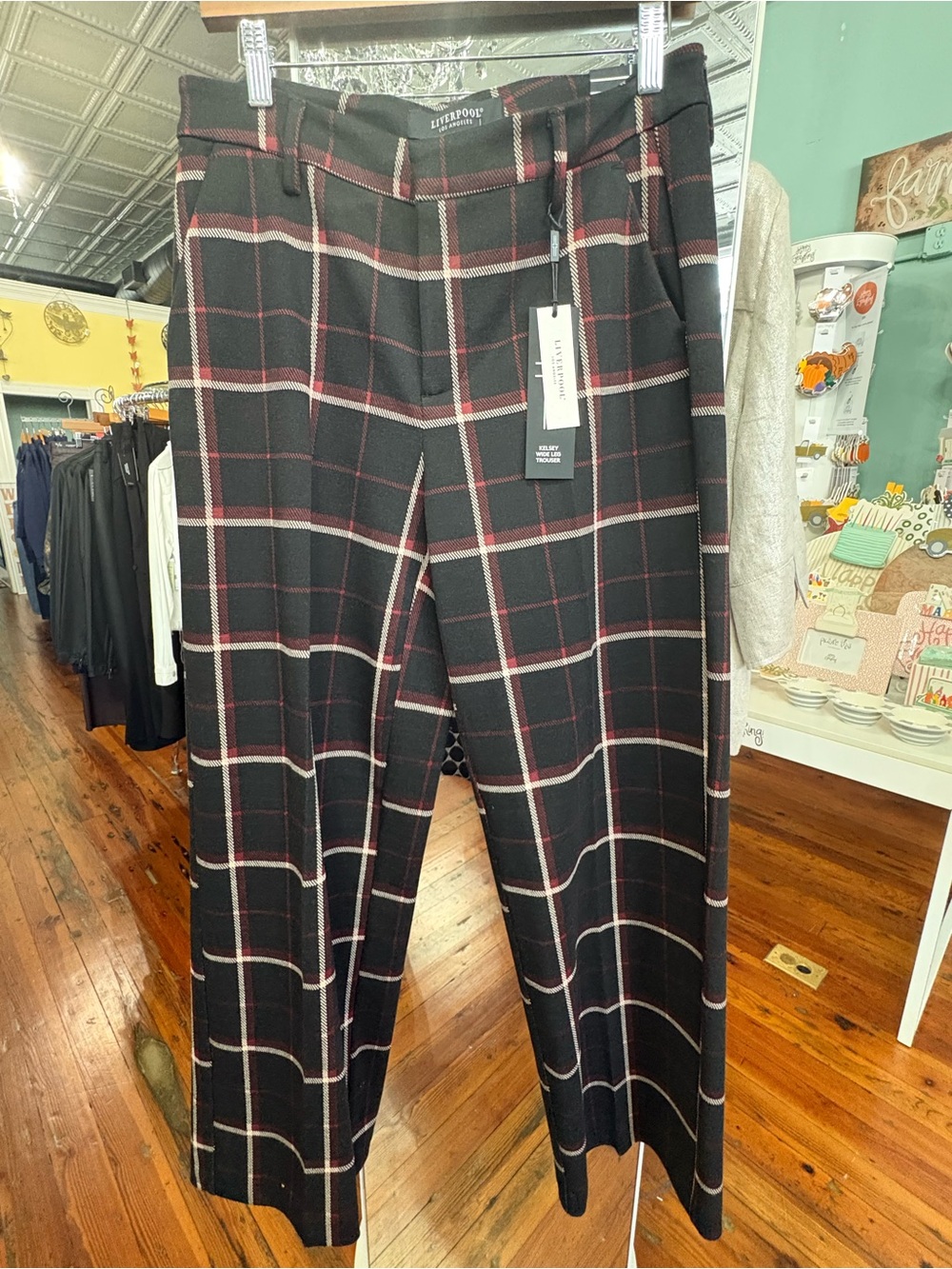 Liverpool Black Plaid Women’s Dress Pants with Red and Cream Windowpane
